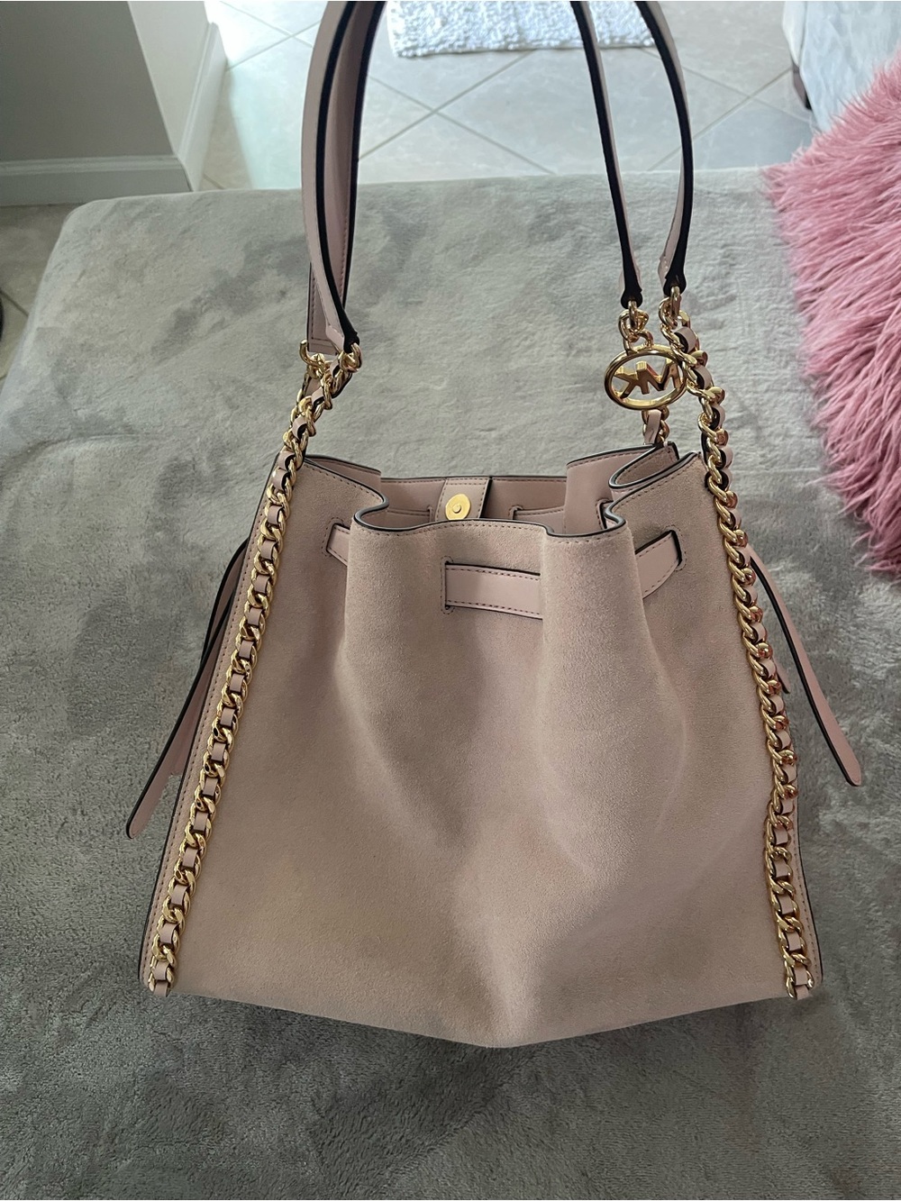 Michael Kors Blush Suede Bucket Shoulder Bag with Gold Chain Trim